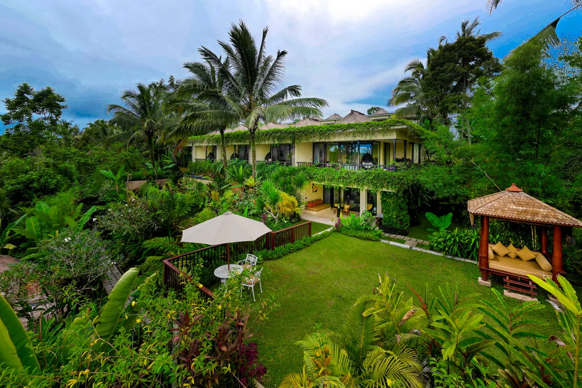 Presidential Royal Suite surrounded by lush tropical gardens at Nandini Jungle by Hanging Gardens in Ubud, Bali