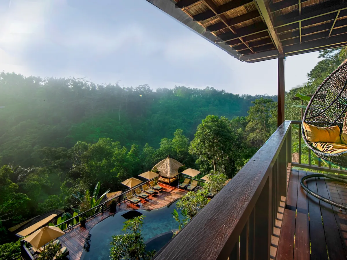 Private balcony of the Panoramic Jungle View Villa with jungle and river valley views in Ubud, Bali