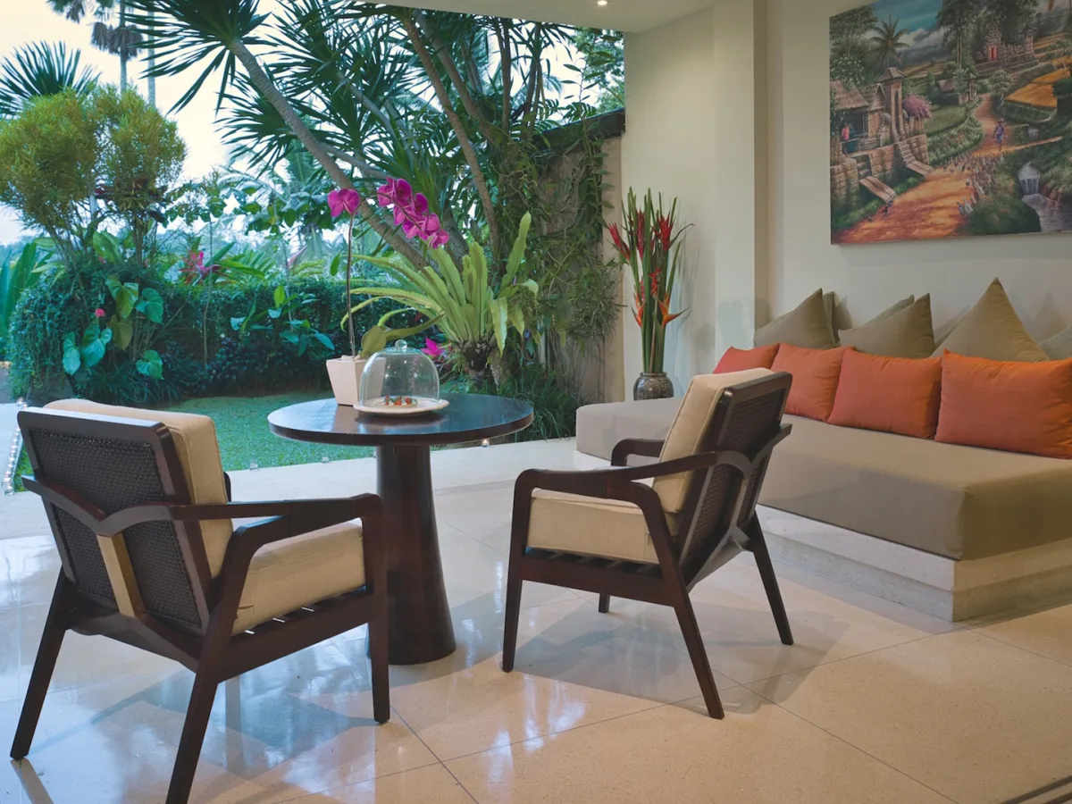 Living room of the Presidential Royal Suite with private garden access in Ubud, Bali