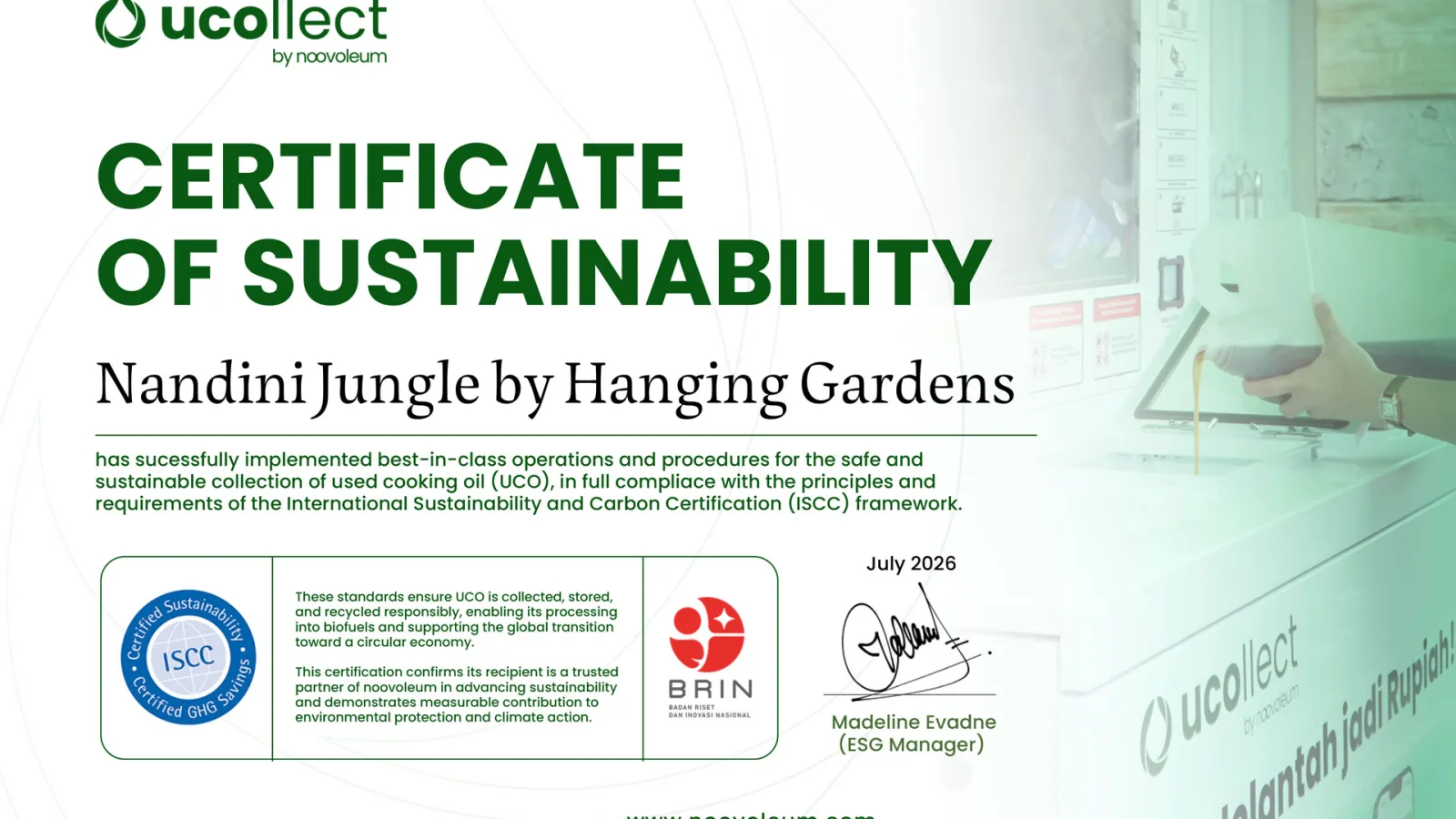 Certificate of Sustainability awarded to Nandini Jungle by Hanging Gardens for responsible used cooking oil collection and sustainable recycling practices.