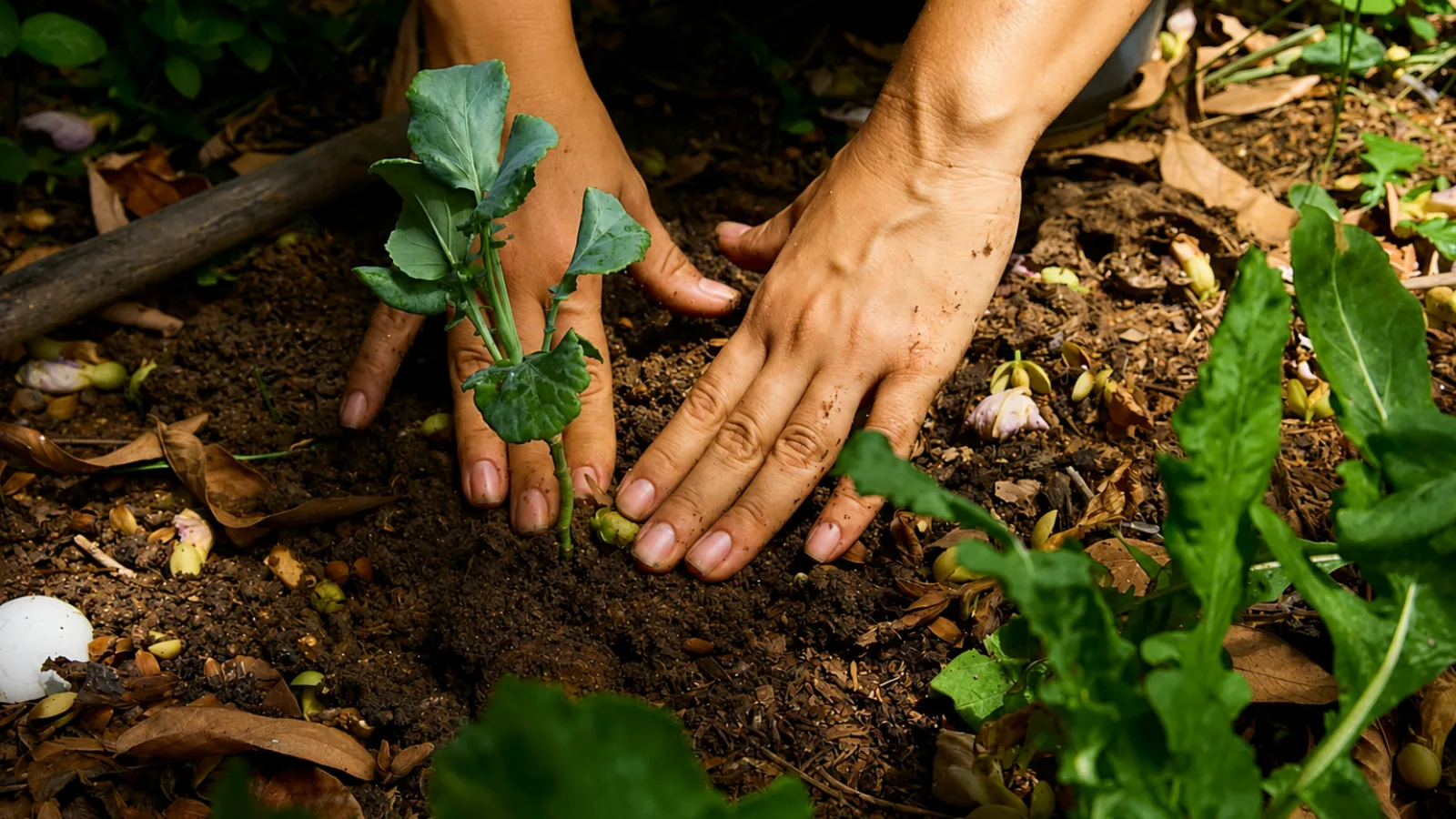 Hands planting onions in an organic garden, representing sustainable farming and eco-friendly practices at Nandini Jungle by Hanging Gardens in Ubud, Bali.