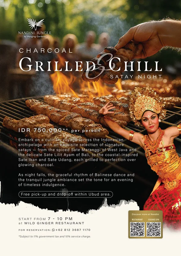 Charcoal Grilled and Chill Satay Night at Nandini Jungle by Hanging Gardens featuring grilled satay and Balinese cultural performance