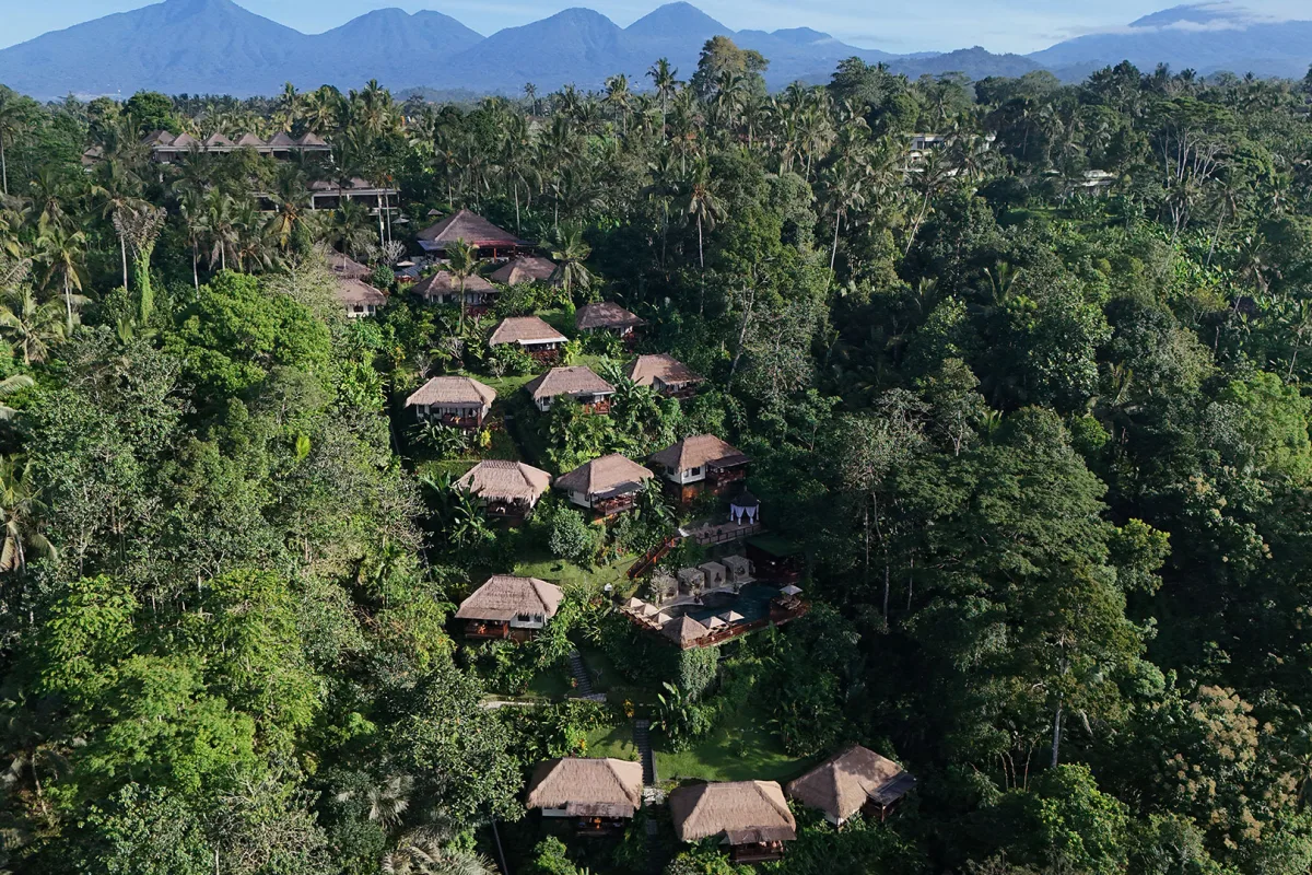 Woman enjoying panoramic jungle views from a private balcony at Nandini Jungle by Hanging Gardens in Ubud