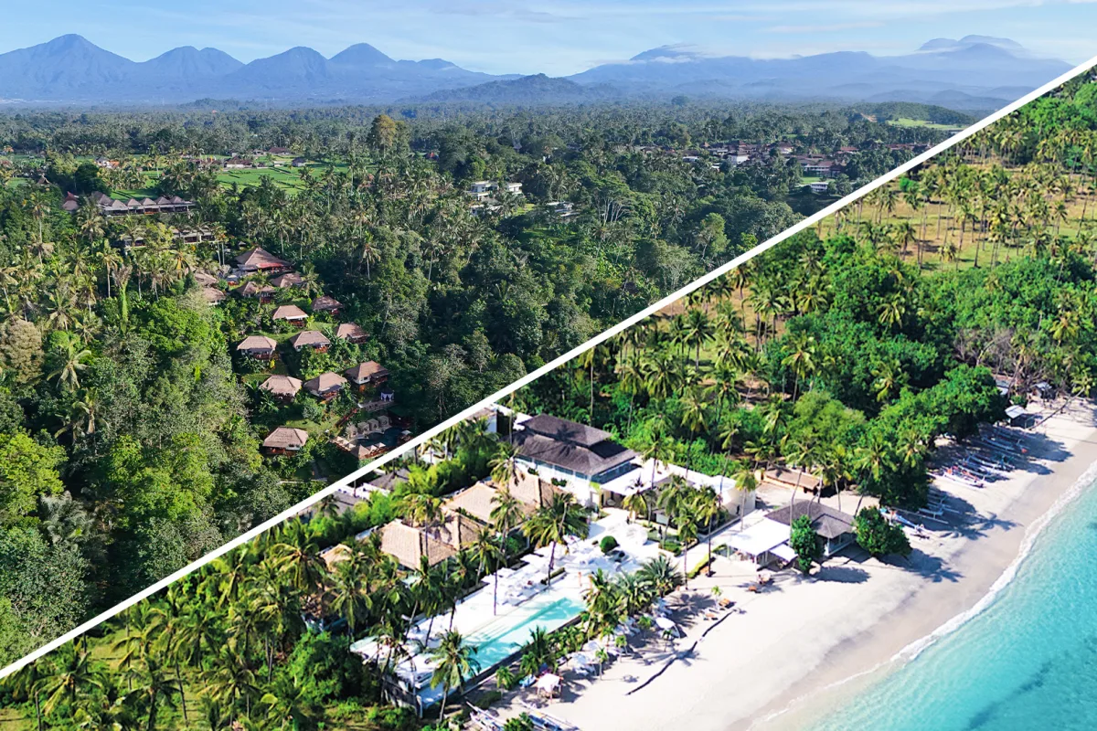 Aerial view of Nandini Bali’s lush jungle retreat in Ubud paired with a tropical beachfront escape in Bali.
