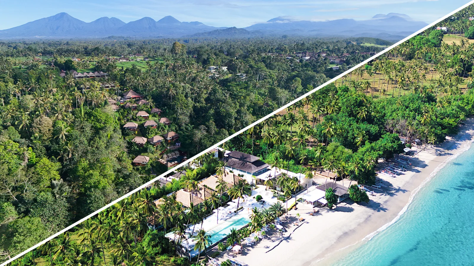 Aerial view of Nandini Bali’s lush jungle retreat in Ubud paired with a tropical beachfront escape in Bali.