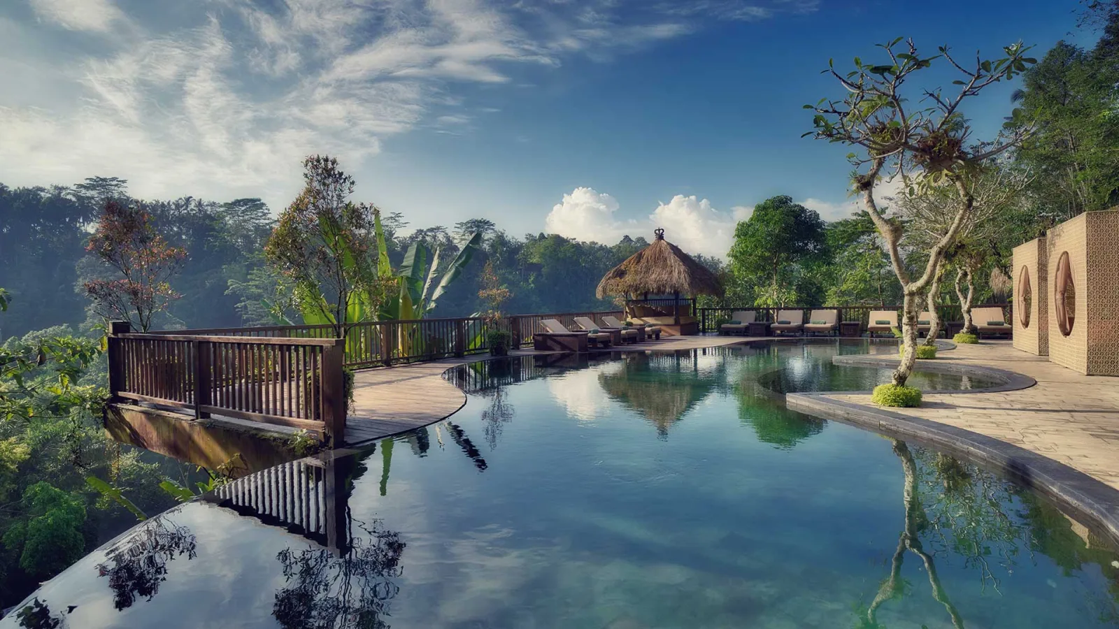 Infinity pool overlooking the tropical jungle at Nandini Jungle by Hanging Gardens in Ubud, Bali.