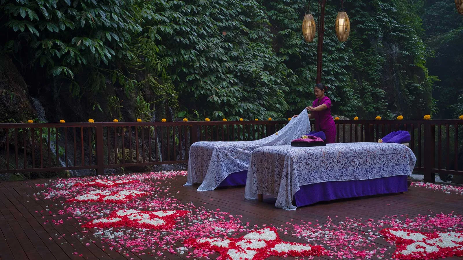 Ubud wellness retreat spa setup on a jungle terrace at Nandini Jungle by Hanging Gardens Bali