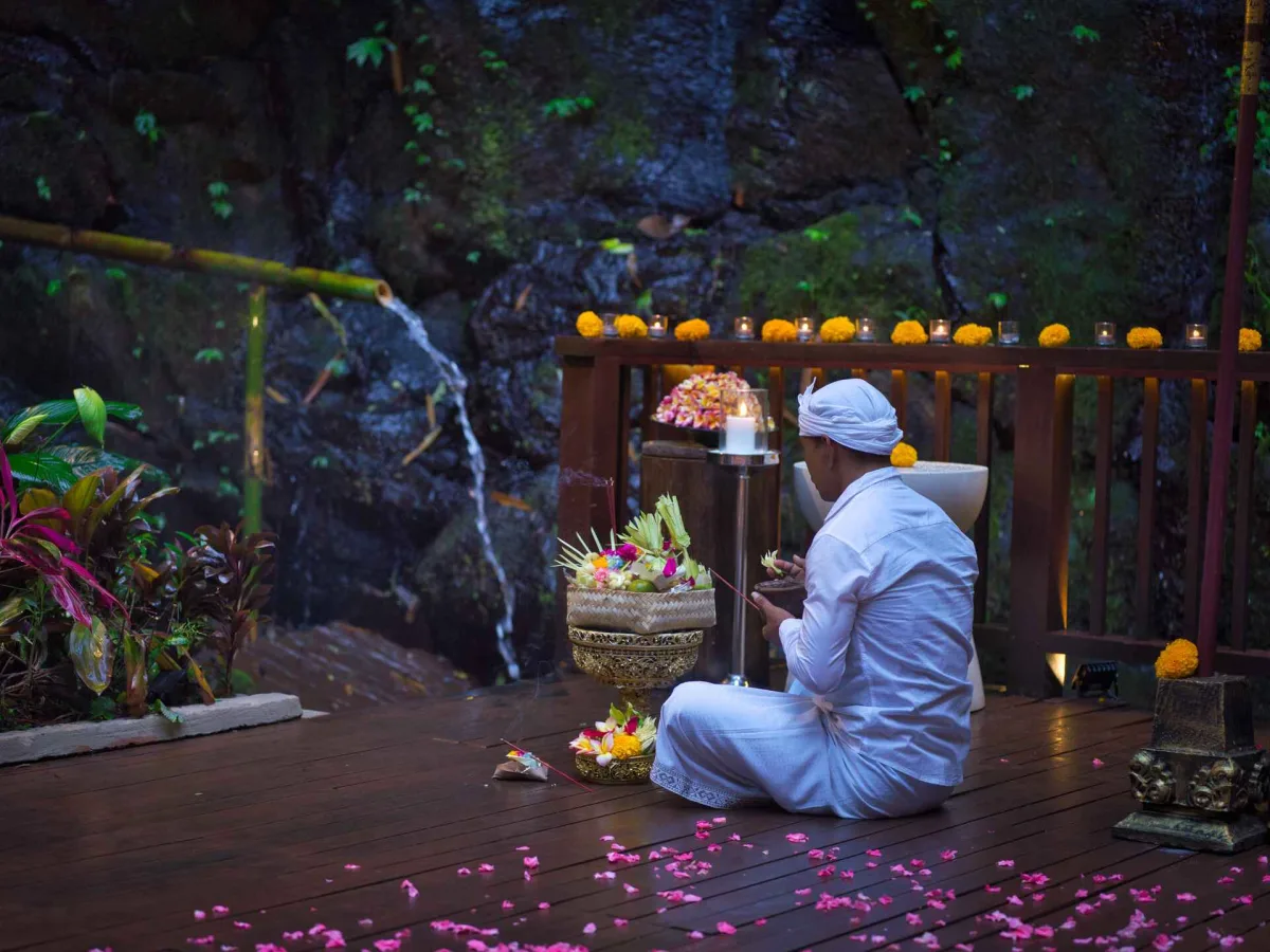 Balinese spiritual wellness ritual at Nandini Jungle by Hanging Gardens in the Ubud jungle